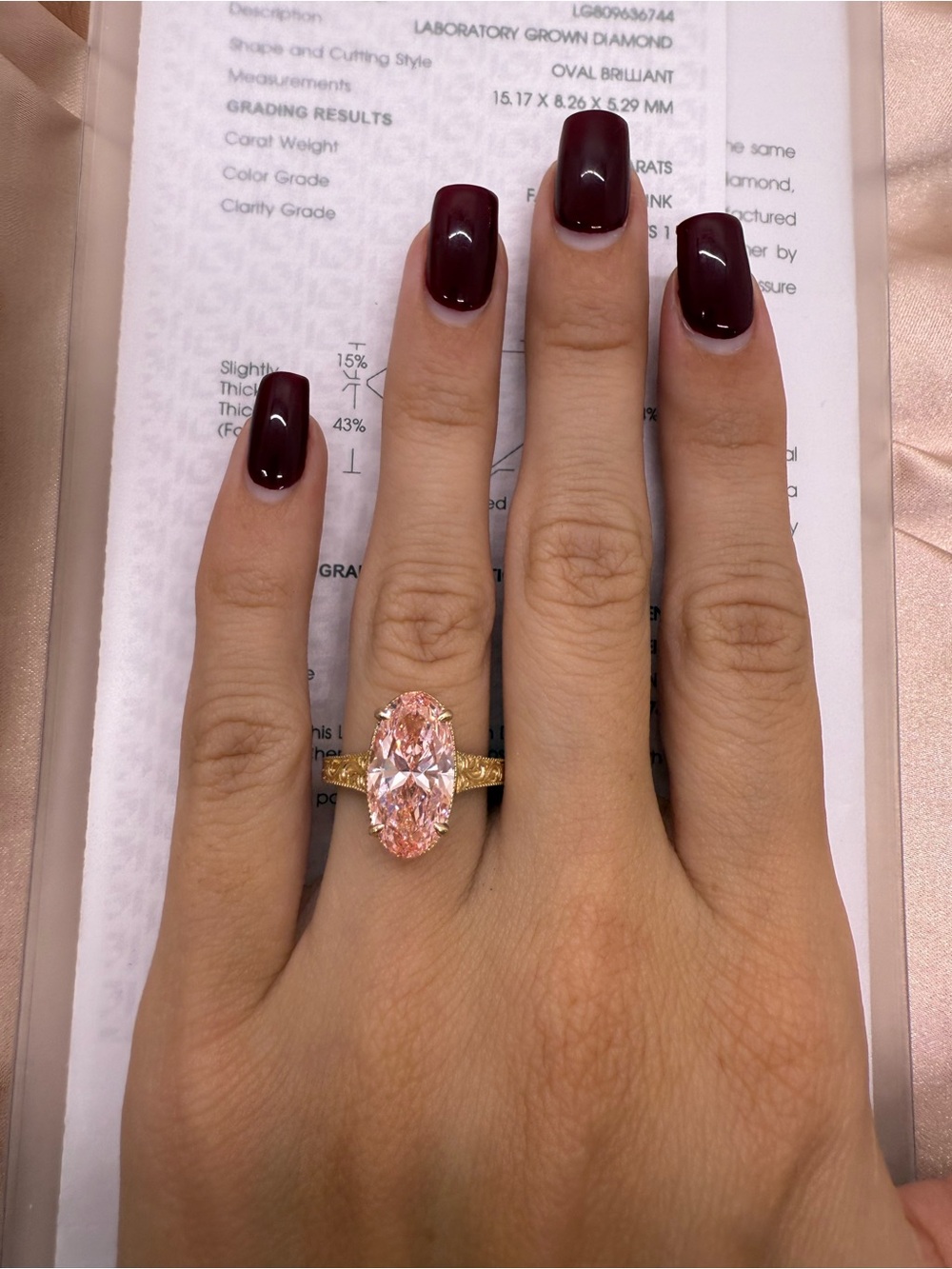 4.49 carat fancy vivid pink VS1 oval diamond engagement ring vintage style - Picture 12 of 12